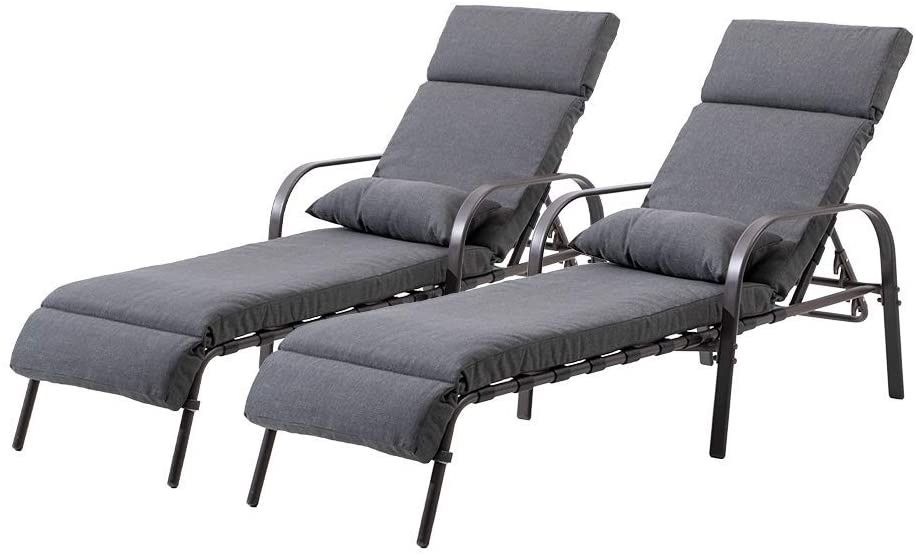 New Set Of 2 Outdoor Patio Chaise Lounge Chairs With Cushion Grey