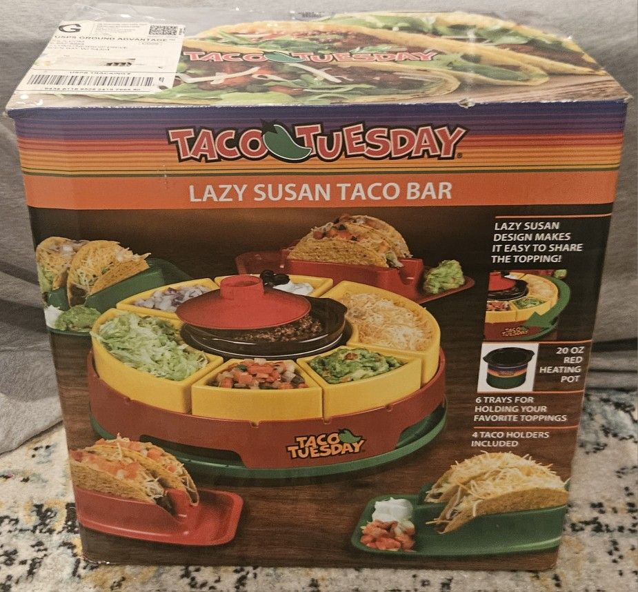 Taco Tuesday Lazy Susan Taco Bar with Warming Pot and 4 Taco holders (BRAND NEW NEVER USED) 