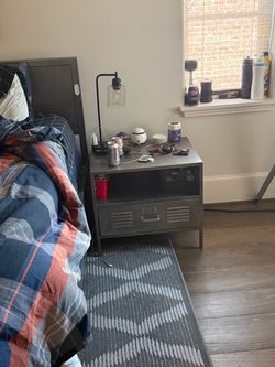 Metal bed with bed side tables