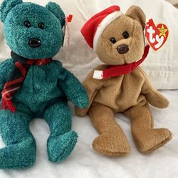 Vintage Ty Beanie Baby 1996/1997 Holiday Teddy Bear in Santa Hat Bean Bag Stuffed Animal Toy Christmas and Wallace from 1999.  Both Tags Collectable a