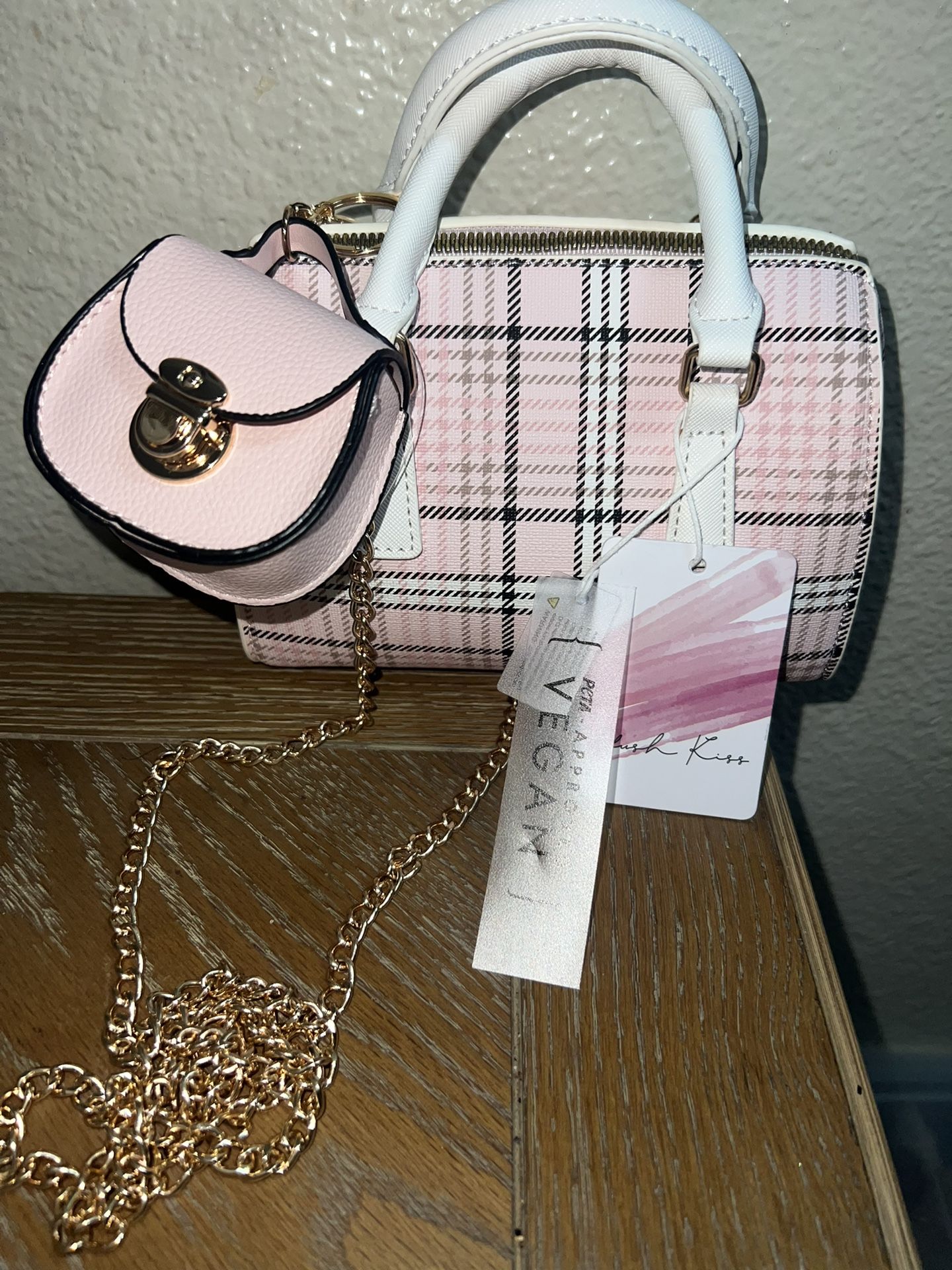 Cute Mini Pink Plaid Bag With Keychain 