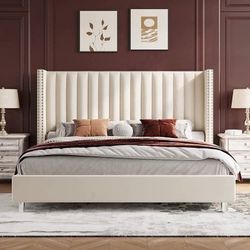 New in box- King Bed Frame with Raised Wingback Headboard,Velvet Upholstered,No Box Spring Required,Cream