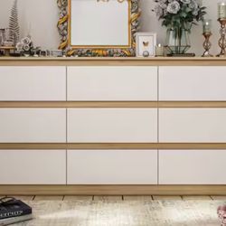 Natural Brown 9-Drawer Wood Chest of Drawers 31.5 in. H x 63 in. W × 15.7 in. D Storage Cabinet