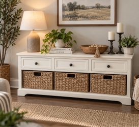 White Farmhouse Console Cabinet w/ 3 Wicker Baskets & Drawers