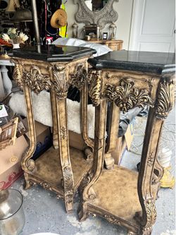 Tall Pedestal Tables with Black Marble Top Pair of 2