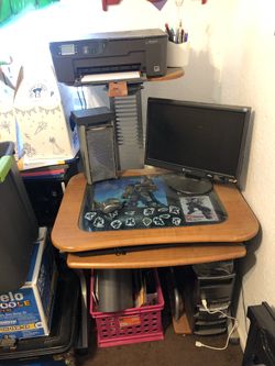 Desk ( pictures come off) Equipment not included the pictures on the glass come off