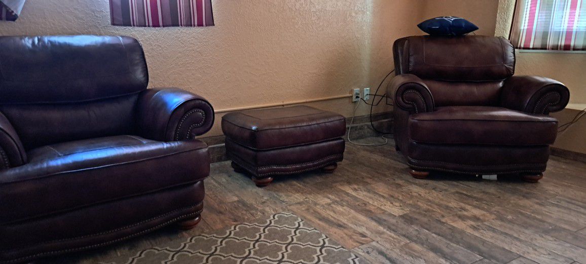 Two Leather Chairs  & Ottoman 