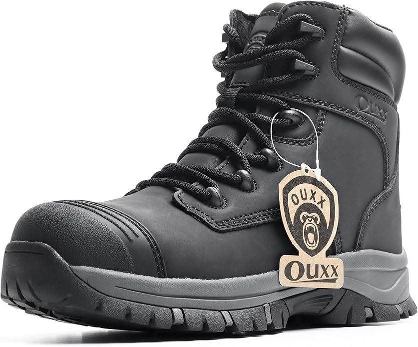 OUXX Work Boots for Men, Side Zipper Steel Toe Shoes, Water-Resistant, Non-Slip, Black