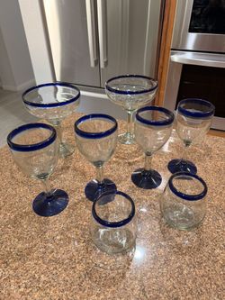 Set Of 8 Drinking Glasses With Cobalt Blue Rim Margaritas Wine West Las Vegas See My Listings Summerlin 