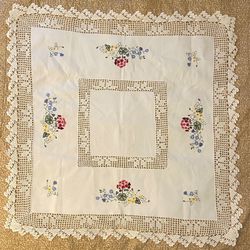 Vintage Stenciled Painted Tablecloth 37”x 37”Flower Granny Cottage Core Scallop