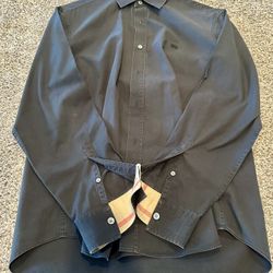 Boys Burberry Brit Dress Button Down shirt black plaid cuff and collar Large 