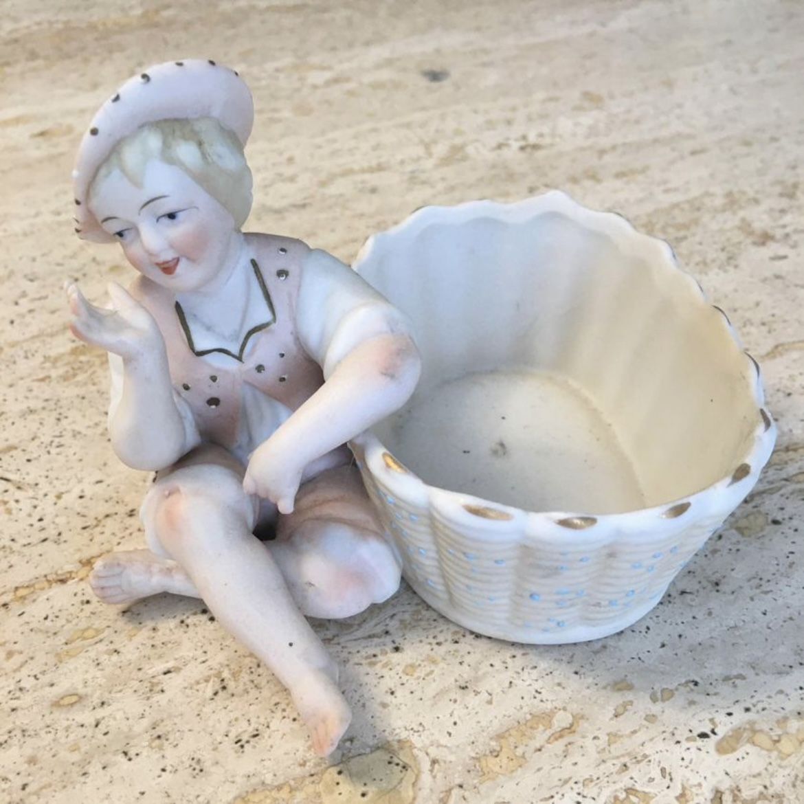 Antique Boy with Basket Bisque Trinket Holder