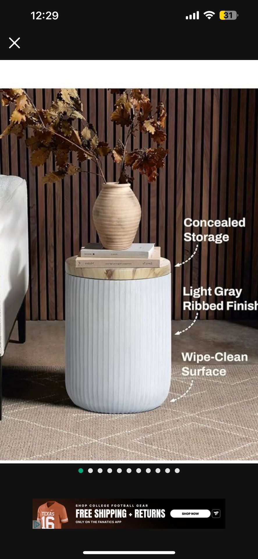 18"  Side Table with Storage, Cement  End Table with Wood Finish Lid, Accent Table