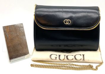 Authentic Vintage Gucci GG Black Box Calf Leather Flap Chain Bag Clutch Interlocking