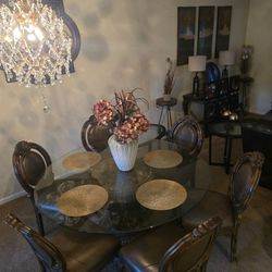 Genuine brown 6 chair leather dinning table 