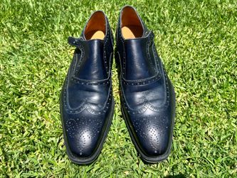 Magnanni Navy Blue Leather Wingtip Monk Strap Shoes
