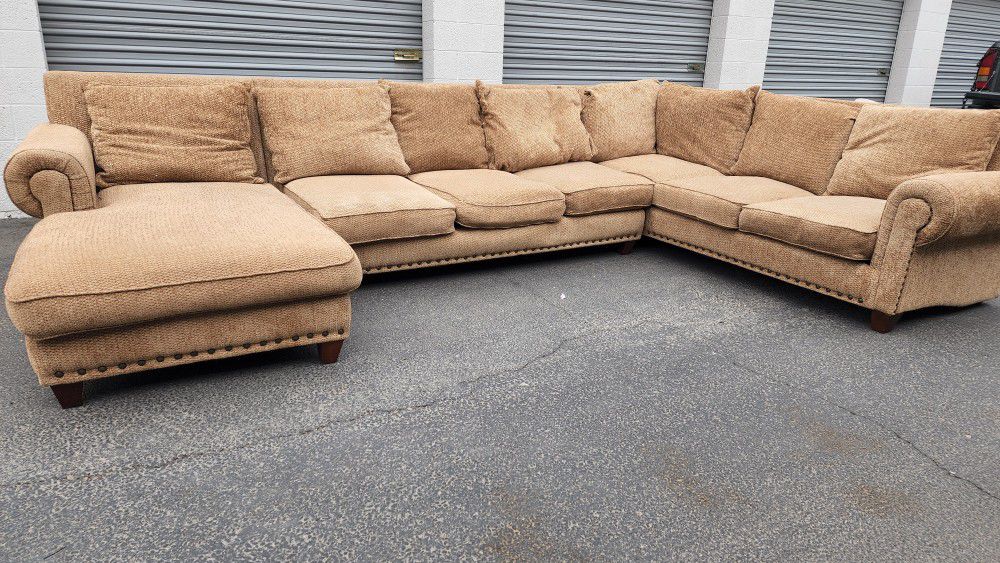 FREE DELIVERY!!! Like New Designer Tan 3 Piece Down Stuffed Sectional Couch With Chaise And Nailhead Detail