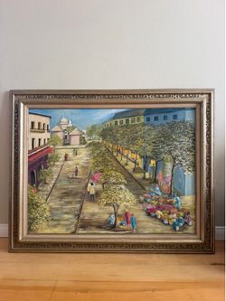 Vintage 1974 Original Oil Painting – Paris Montmartre Street Scene – Signed LORA – 48" x 38"