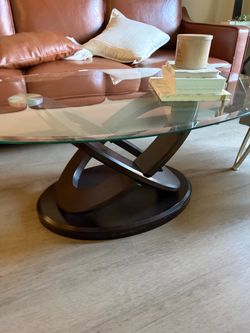 Oval Glass Top Coffee Table Dark Wood Base