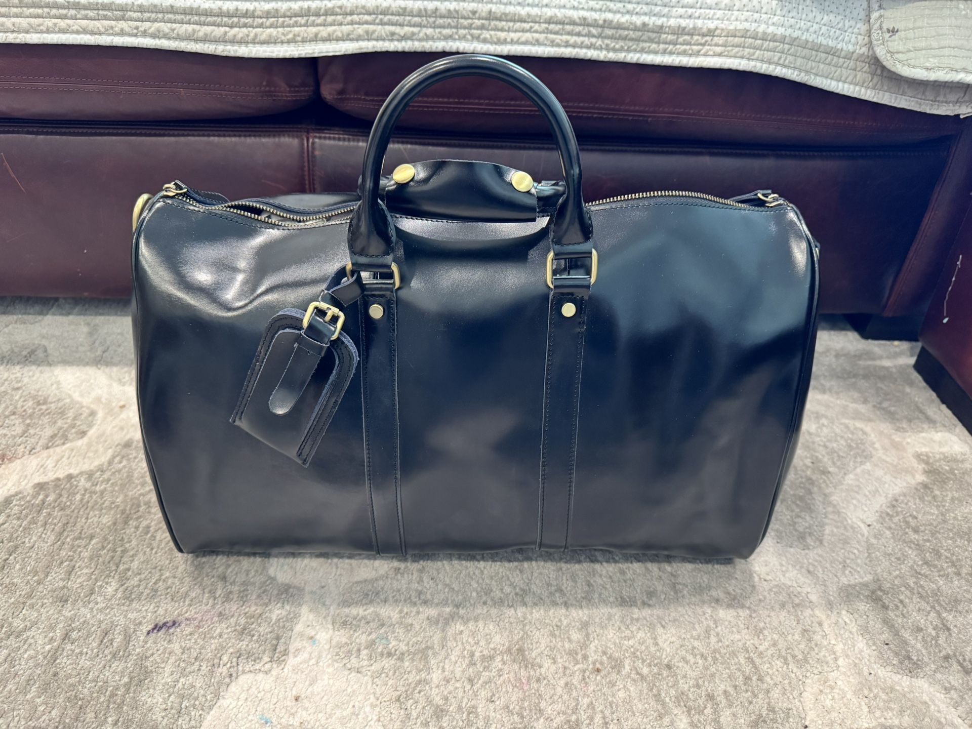 Shiny Black Leather Men's Duffle Bag- Brand New