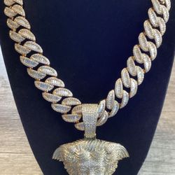 ✅Mens 5A CZ Diamond 💎 Ice Out Famous Medusa Charm Pendant 20MM 20Inch Cuban Chain