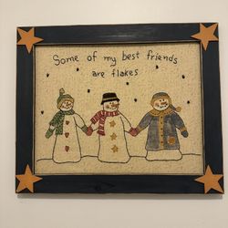Embroidered snowman sign in wooden frame