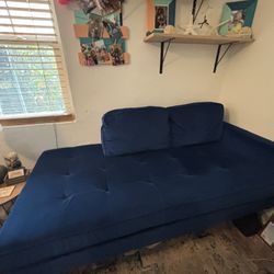 Reduced Price Blue Velour Couch And Chair MUST SELL 