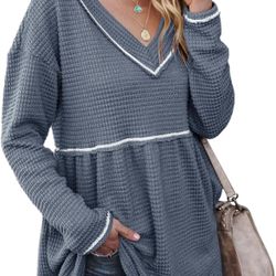 Women's Waffle V Neck Tunic  Pullover Sweaters