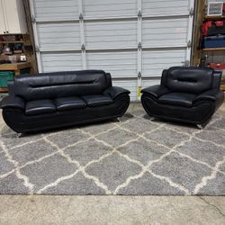 Black Leather Sofa + Matching Chair Set