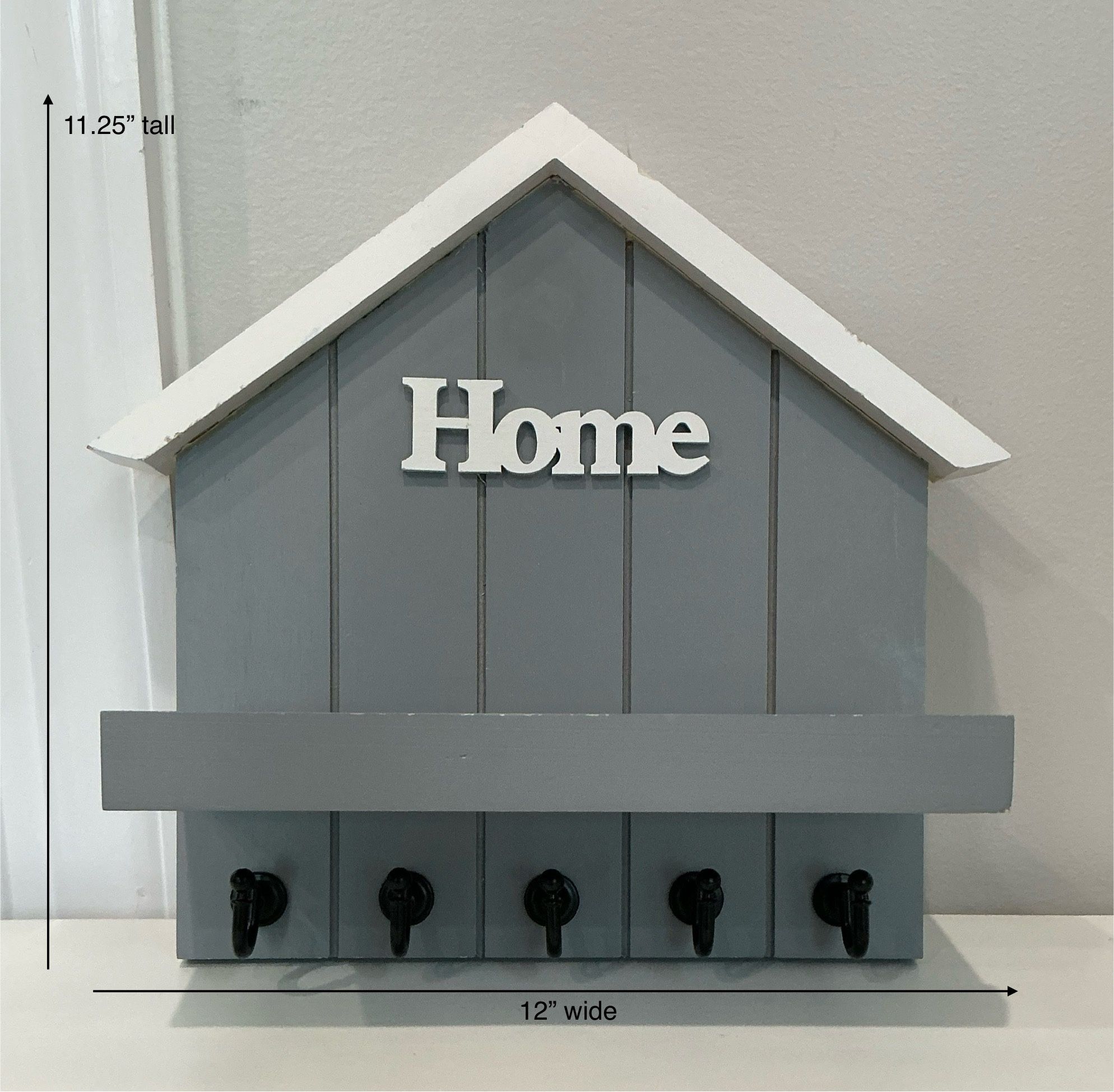 Small Gray & White Wood Hanging “Home” Shelf with 5 Black Hooks