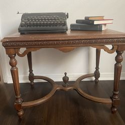 Antique Oak Parlor Table Victorian Side Lamp Table Pyrography Carved Turned Legs