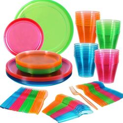 128 Piece Neon Party Supplies Set - Disposable & Heavy Duty,: 32 Main Course 9 Inch Plate, 6 Inch Dessert Plates, 9-Ounce Tumblers, Cutlery, Glow In T