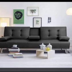 Black Faux Leather Folding Futon