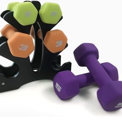 Barbell Neoprene Dumbbell Weights Pairs & Sets. Multiple Colors With Rack Included