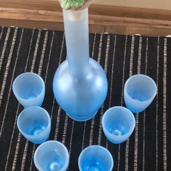 Vintage MOD DEP blue glass bottle with 6 shot glasses