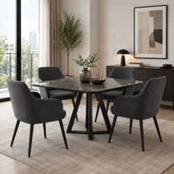 Set of 4 - Mid-Century Modern Dark Gray Velvet Dining Barrel Chairs / Armchairs w/ Black Metal Legs by "Ouuuhlala" [NEW] **Some Assembly Req 