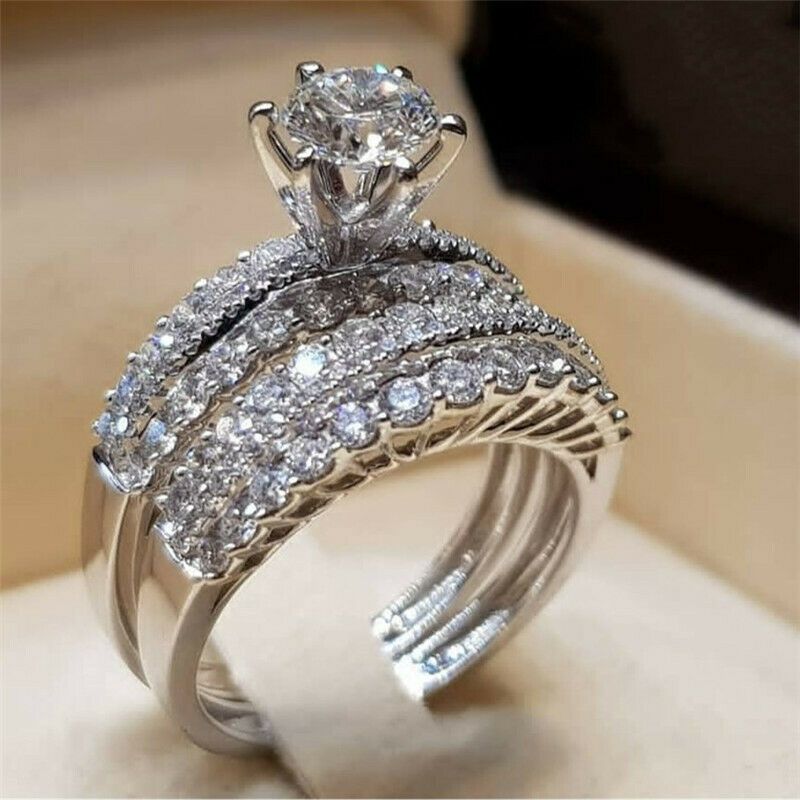 2 PC White Topaz Engagement Wedding Ring Set SZ 5/6/7/8/9/10/11/ 12 * See My Other 800 Items*