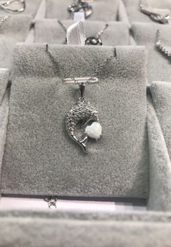 Sterling Silver CZ Dolphin with White Opal Pendant with adjustable 16-18” Chain