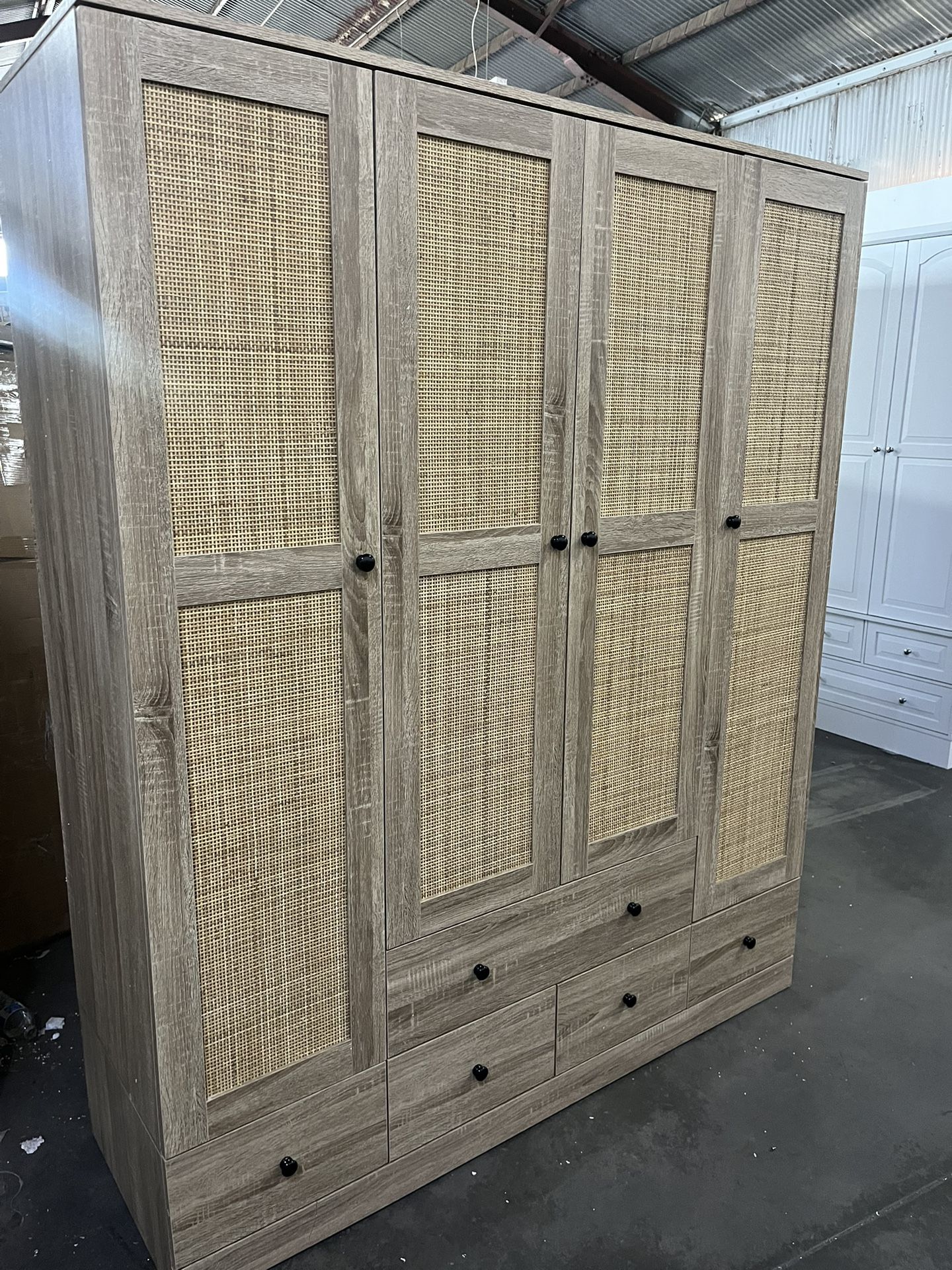 59" L Rattan Armoire Wardrobe Closet with 7 Shelves, 5 Drawers & Hanging Bars, Wooden Wardrobe Clothes Storage Cabinet for Bedroom, Guest Room, Brown