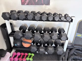 Rubber HEX Dumbell weights and rack