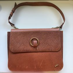 Velez Brown Leather Embossed Leaf Flap Shoulder Bag