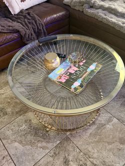 Round Glass Top Gold Wire Coffee Table