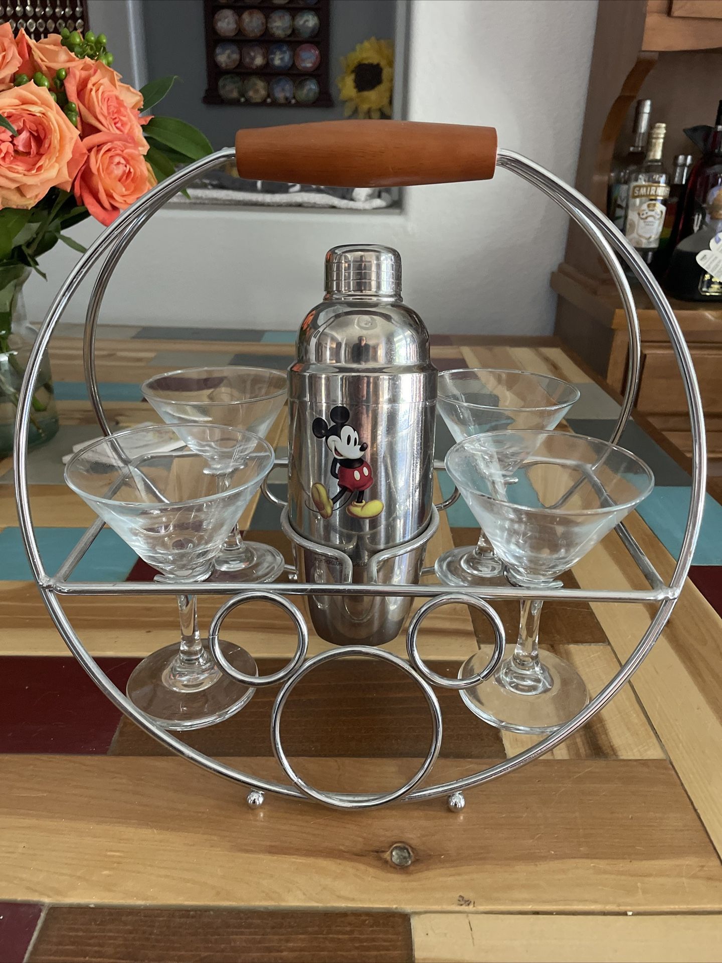 RARE Disney Mickey Mouse Martini Shaker & Original Glasses Holder Caddy