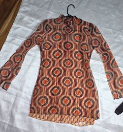 Sheer Geo-Print Long Sleeve Top - Orange