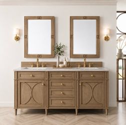 Double Sink Freestanding Vanity in Walnut w/ Pietra Gray Quartz Top