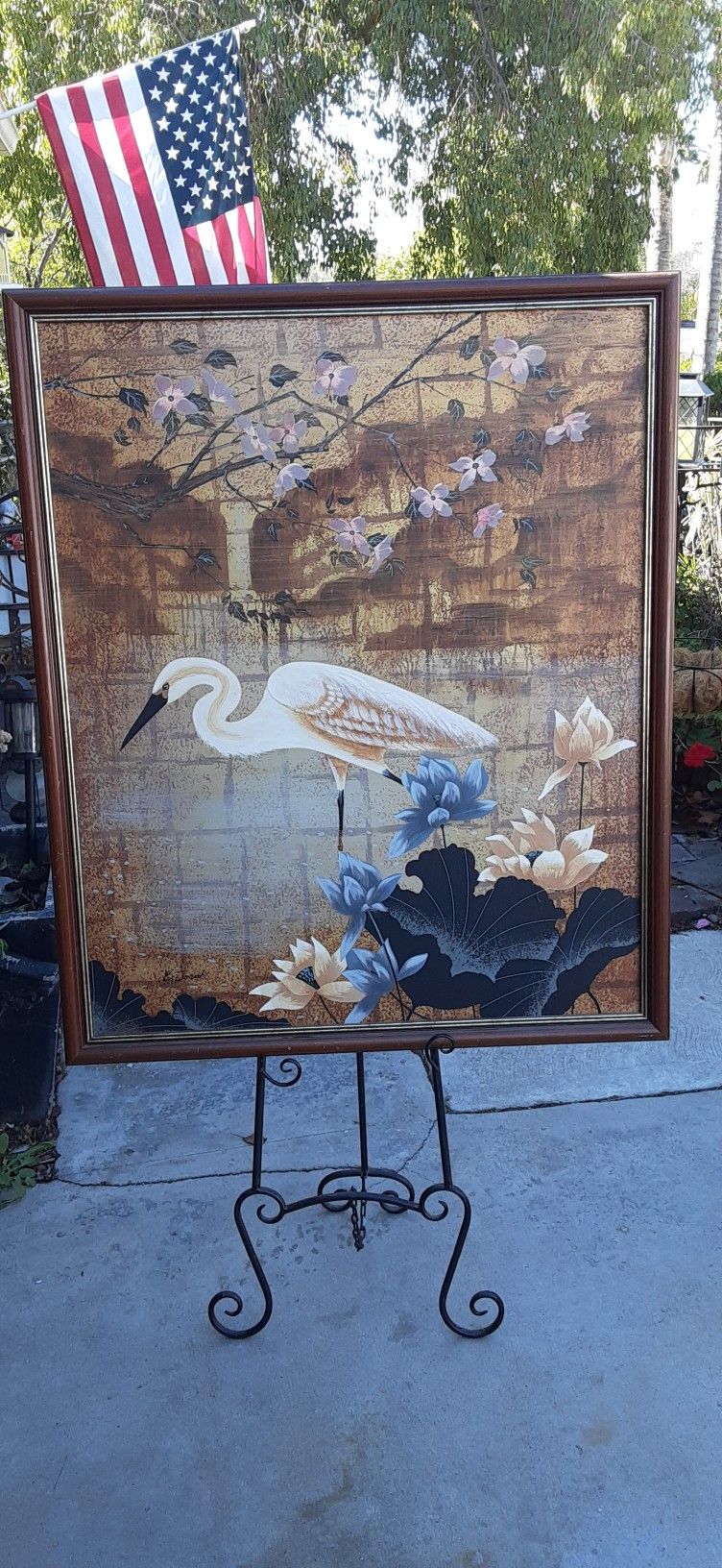 Vintage Pair Of Large Framed Japanese Cranes On Canvas Painting Signed B. Joseph