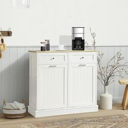 Double Tilt Out Trash Cabinet, Pet Proof Trash Can Cabinet with Countertop and Drawer, Trash Cabinet with Storage