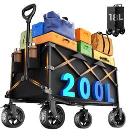 Heavy Duty Collapsible Wagon Cart, 200L Large Capacity Folding Beach Wagon with Big All-Terrain Wheels, Brake & Adjustable Handle, 500 lbs Utility Car
