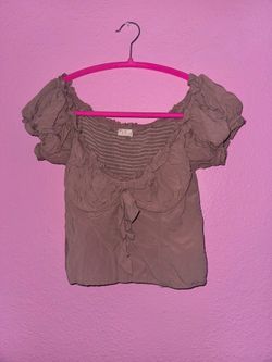 Smocked Taupe Peasant Top with Front Tie