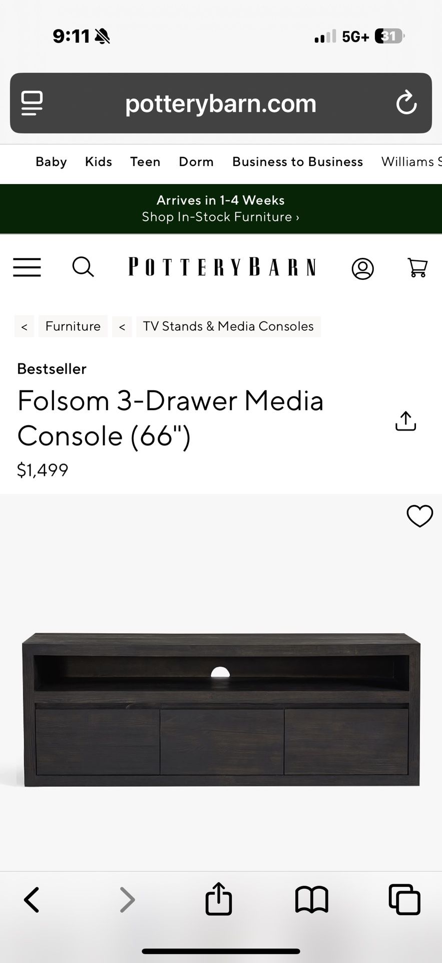 Pottery Barn Folsom 3-Drawer Media Console (66")